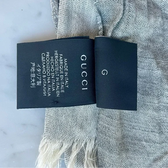 Gucci GG Lightweight wool/silk blend scarf, fringe, grey with white GGs, L, EUC - Picture 14 of 16